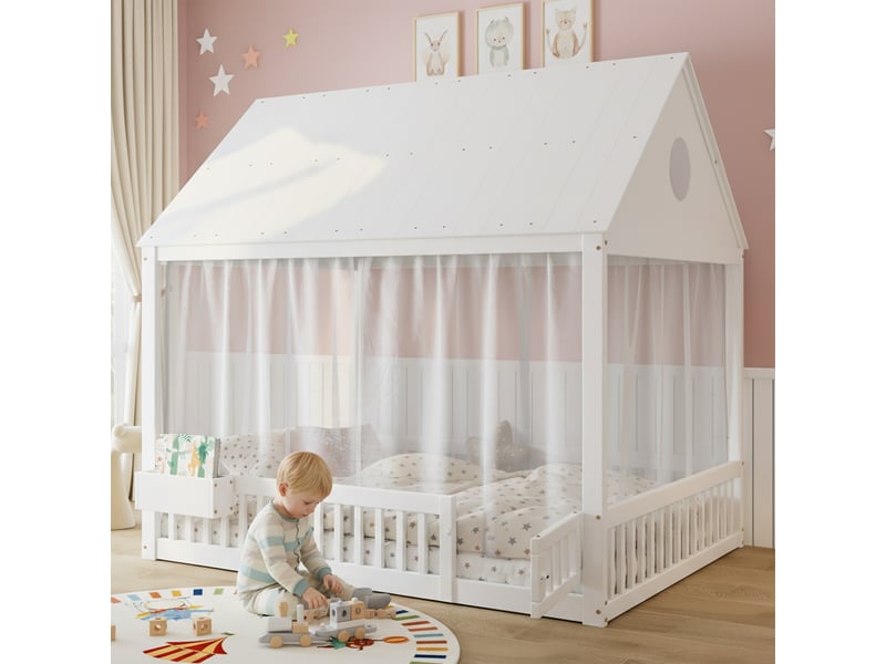  Lit simple enfant 140x200cm blanc, détails fenêtre et toit, petits éléments décoratifs et rangement  - Conforama D