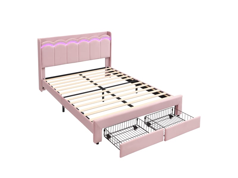  Lit enfant rembourré 140x200cm rose, 2 tiroirs, tête de lit ondulée avec étagère, led par app, jusqu'à 220 kg  - Conforama A