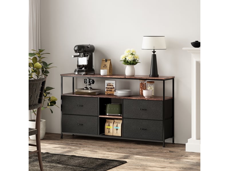  Meuble tv - 137x29,8x78cm - avec 4 tiroirs en tissu noir et étagère ouverte, éclairage led - noir  - Conforama B
