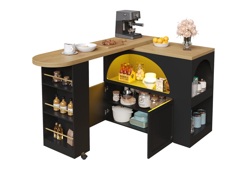 Table de bar extensible 135-205x39x100 cm avec éclairage led multicolore, roulettes freinées et rangement, mdf, noir - Conforama A