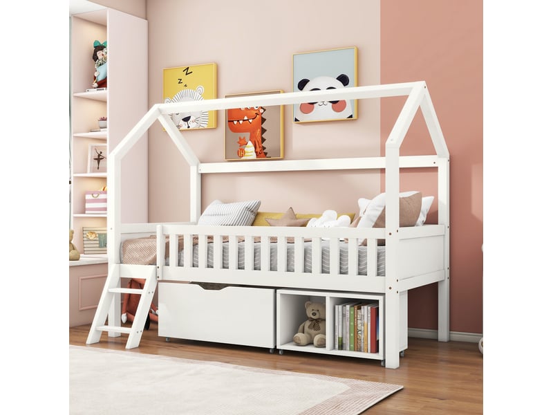  Lit cabane enfant 90x200 cm avec tiroir et rangements, blanc  - Conforama D