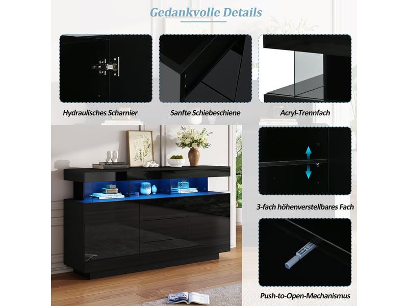  Buffet noir 140x35x80 cm, meuble de rangement moderne avec 3 tiroirs intégrés et 2 portes pour salle à manger  - Conforama E
