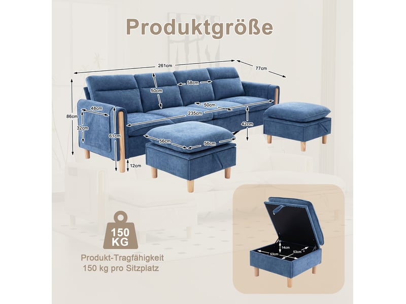  Canapé modulaire 4 places modenvie en tissu chenille bleu avec deux poufs et rangements, 261 x 77 x 86 cm  - Conforama C