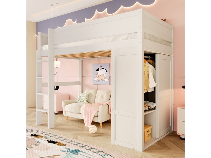  Lit mezzanine enfant 90 x 200 cm avec armoire et espace de rangement, pin et mdf blanc  - Conforama R