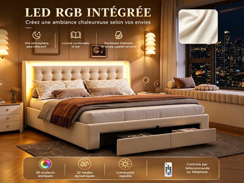  Lit coffre 180x200 cm ezssw, coloris beige  - Conforama E