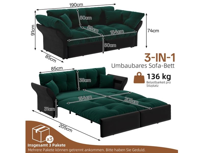  Canapé convertible 190 x 85 x 91 cm en velours 3 en 1 vert chicfurn  - Conforama D
