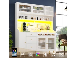Vaisselier haut 145x39x171 cm – blanc – éclairage led connecté, rangements ajustables, tiroirs et range-bouteilles