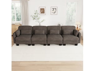 Canapé droit modulaire 4 places 330x88x88 cm, forme ergonomique, coussins de soutien et accoudoir, chenille, marron