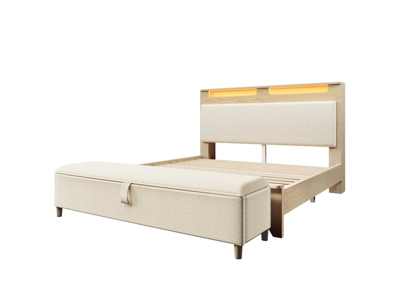 Lit double 160x200 cm avec banc de lit, rangement, led, tête de lit en cordon, bois beige avec matelas - Conforama A