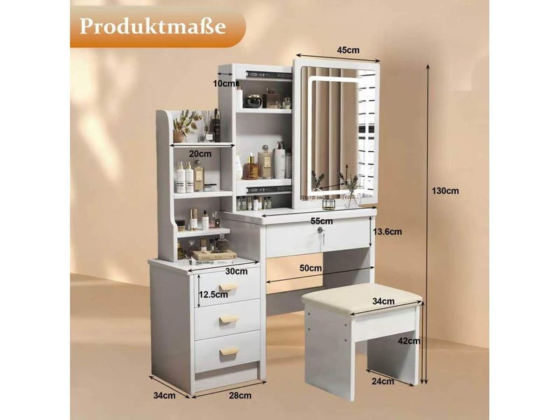  Coiffeuse élégante avec miroir led 85x36x130 cm, table de maquillage, tabouret, grand rangement, 4 tiroirs, mdf blanc  - Conforama C