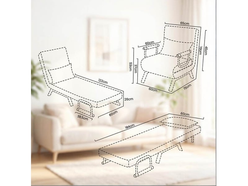  Fauteuil-lit convertible 3 en 1 avec dossier réglable 5 positions et coussin amovible en lin, métal et mousse marron  - Conforama C