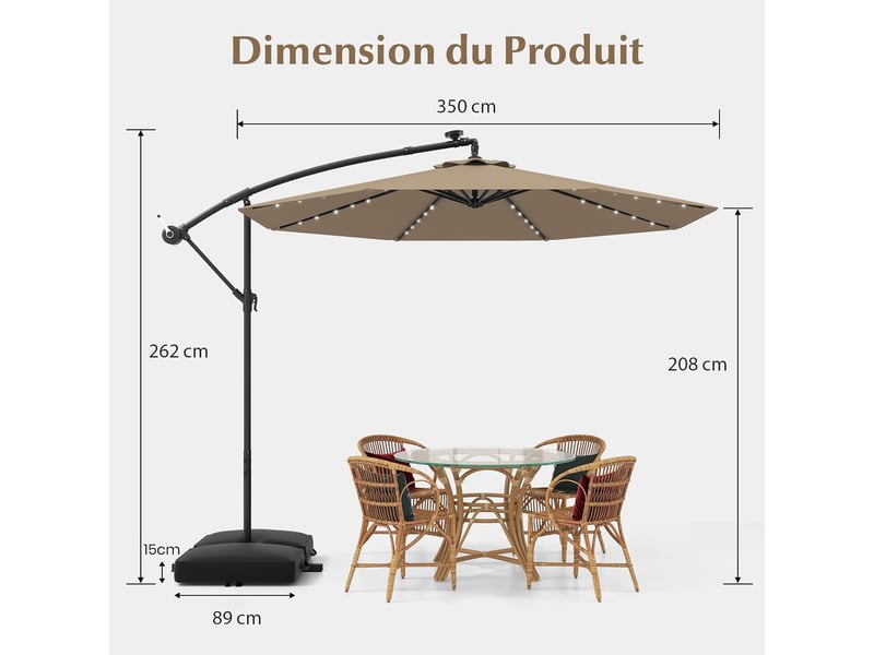  Parasol de jardin extérieur avec pied, parasol déporté 3,5x3,5m, avec 40 lampes solaires, toile inclinable, manivelle, 8 baleines, anti-uv (marron)  - Conforama D