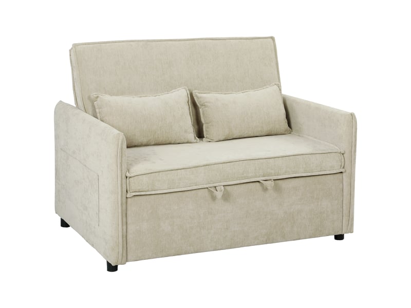  Canapé convertible 2 places, canapé-lit 3 en 1 chenille 125 cm avec dossier réglable, assise large, 2 oreillers, crème  - Conforama A