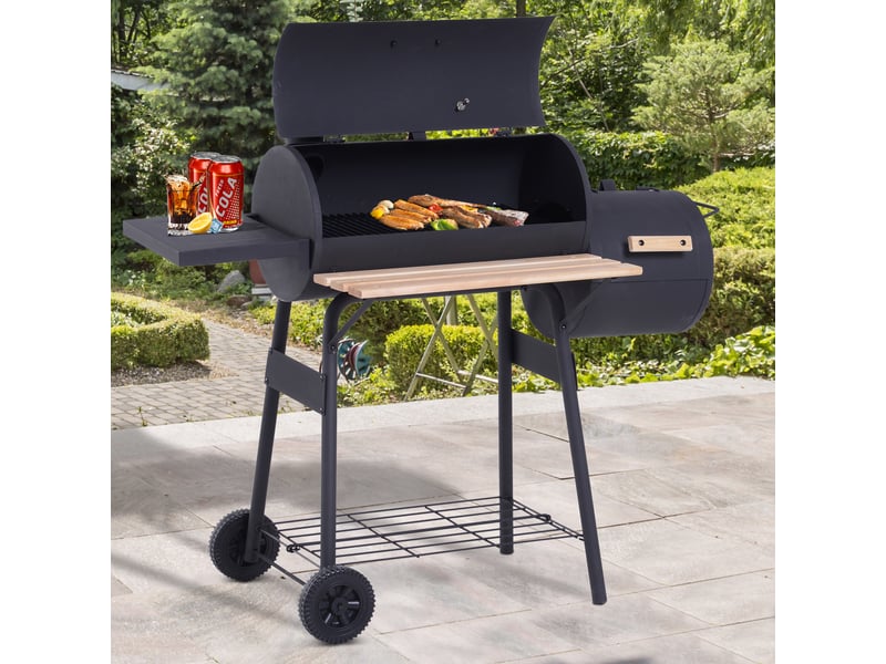  Barbecue au charbon 3-en-1 (fumoir et barbecue) – 124 x 53 x 104 cm – avec thermomètre, roues et étagères en bois – idéal pour pique-nique et camping  - Conforama D