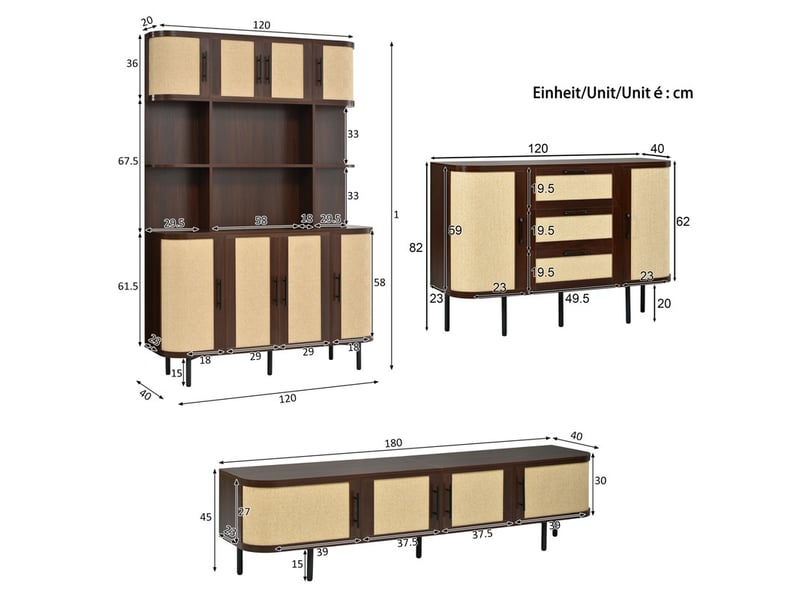  Ensemble de meubles de salle à manger, meuble tv + buffet + meuble haut, structure mdf, façade effet osier, bois sombre  - Conforama C