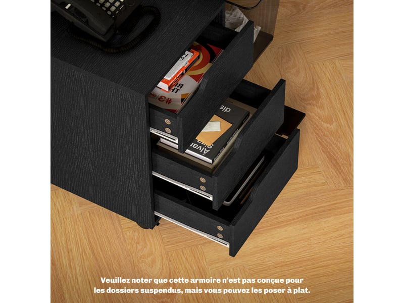  Caisson bureau mobile, meuble rangement bureau sur roulettes, 3 tiroirs, noir, 40x50x57,5cm  - Conforama W