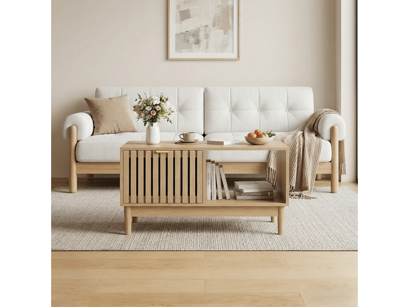  Table basse mid-century 80 cm effet chêne, 1 tiroir, étagères ouvertes, pieds bois massif  - Conforama B