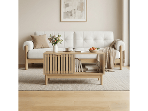 Table basse mid-century 80 cm effet chêne, 1 tiroir, étagères ouvertes, pieds bois massif