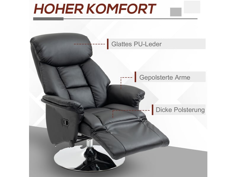  Fauteuil relax ulevr inclinable manuel pivotant 360° avec repose-pieds, 78 x 80 x 109 cm, simili cuir noir  - Conforama E
