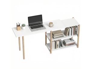 Bureau rotatif modulable avec étagères en mdf et bambou blanc et coloris chêne