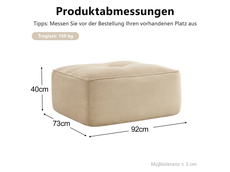  Pouf cordelia en velours côtelé, beige, siège d’appoint confortable  - Conforama C