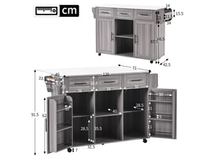 Îlot de cuisine mobile gris 139 × 4671 × 91,5 cm en mdf, plateau rabattable, rangements, roulettes et pieds en bois