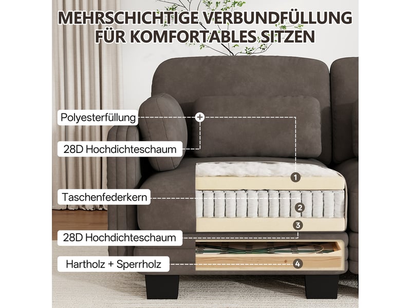 Canapé modulable 2 places 176x88x88 cm, coussins lombaires et accoudoirs, structure bois, chenille, marron - Conforama E