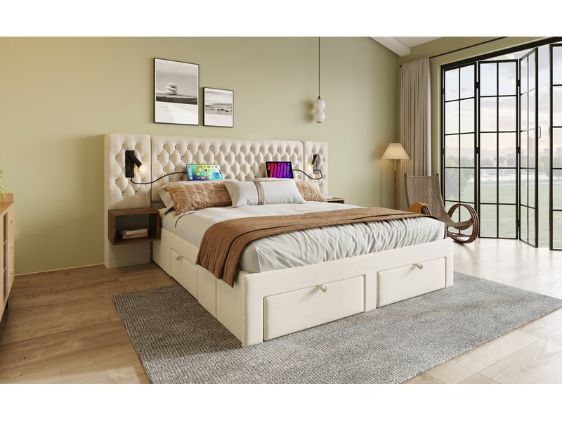 Lit plateforme 160x200 cm en tissu beige avec têtes de lit lumineuses usb, 2 chevets et tiroirs intégrés - Conforama B