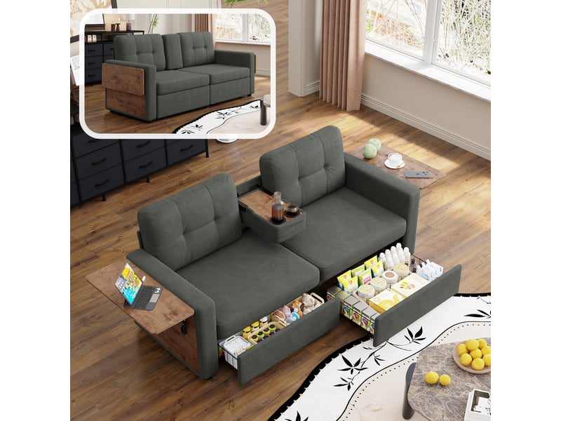  Canapé 2 places modenvie avec rangement, tablettes réglables et porte-gobelets en chenille gris foncé  - Conforama E