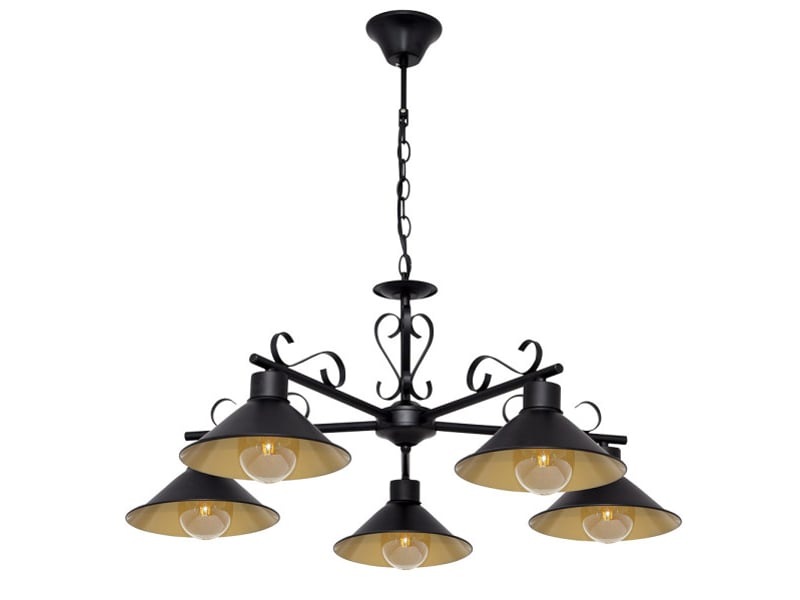  Suspension rustique ABRILA Azalea 5 lumières E27 noire et dorée, abat-jour métal, hauteur réglable 54-74 cm, Ø74 cm 151055016 - Conforama A