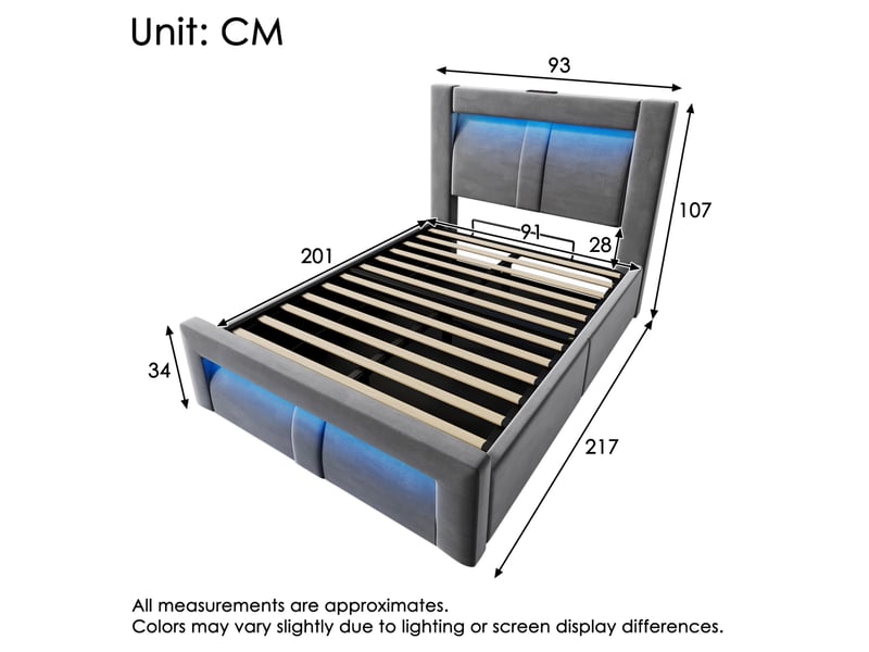  Lit coffre 90x200 cm avec éclairage led et ports de charge en velours gris  - Conforama E