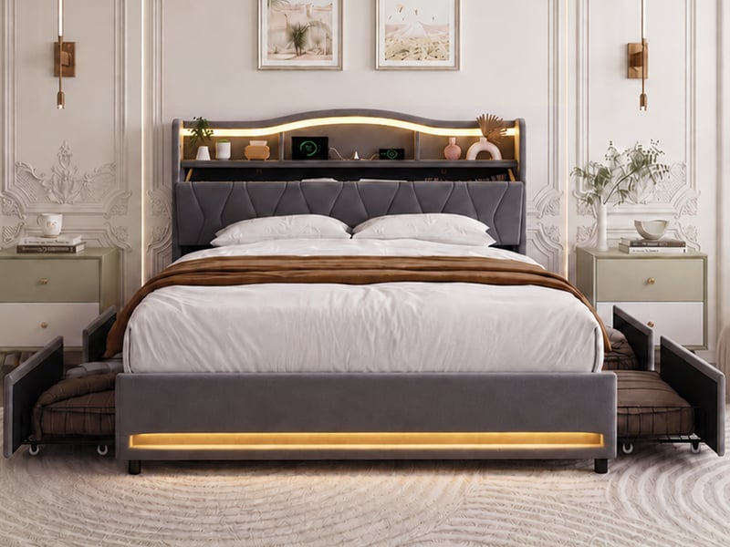 Lit 140 x 200 avec avec sommier led et usb, lit double avec 4 tiroirs, tête de lits avec rangement, lit 2 personnes pour adultes et ado, gris - Conforama B