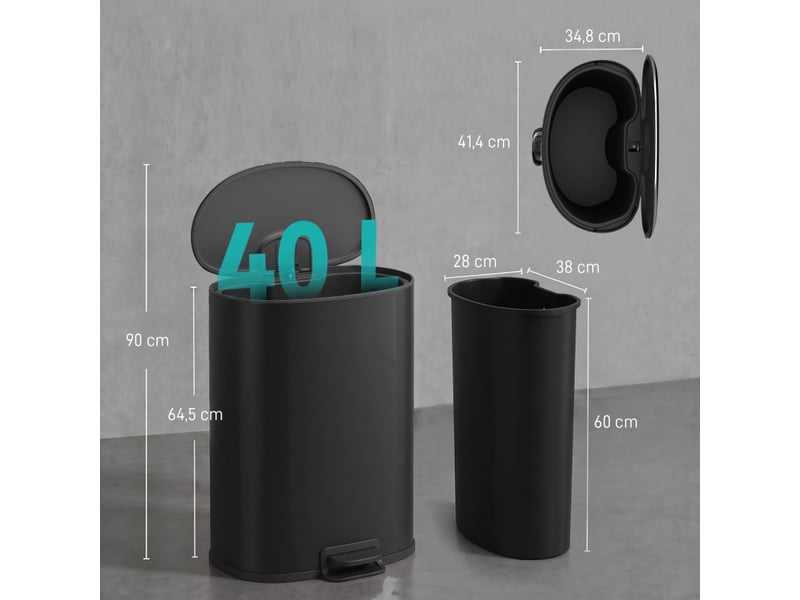 Poubelle de cuisine à pédale de 40 l avec couvercle à fermeture douce et maintien en position ouverte, noir - Conforama D