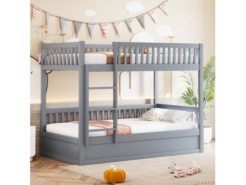 Lit superposé enfant 90x200 cm – gris – rangement hydraulique sous le couchage inférieur – sans matelas - Conforama B