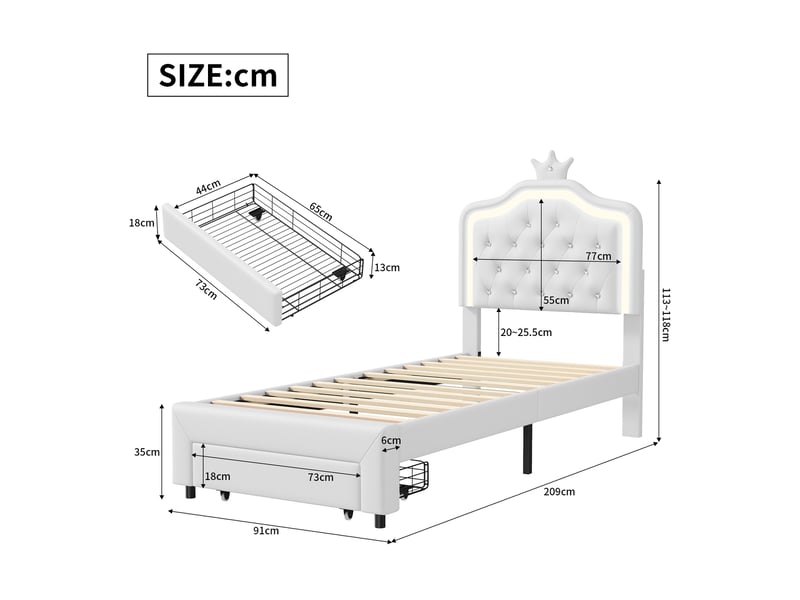  Lit enfant 90 x 200 cm avec tiroirs - cadre de lit avec tête de lit réglable - led - lit simple filles avec sommier - en cuir pu  - Conforama R