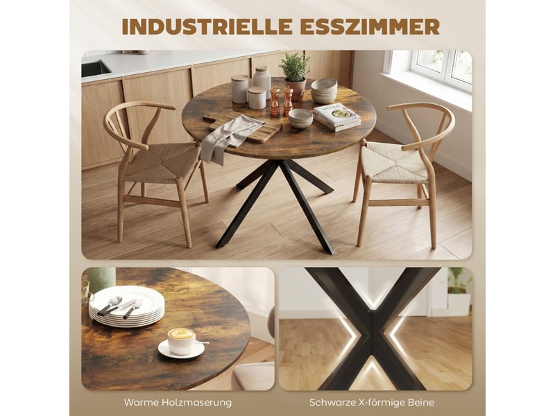 Table de salle à manger ronde pour 4 personnes avec pieds réglables style industriel en bois brun rustique 100 cm - Conforama E