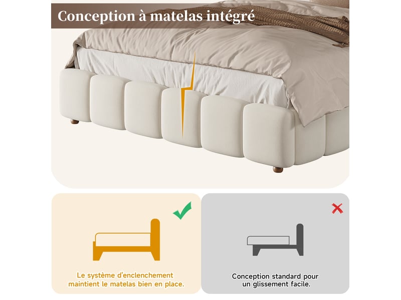  Lit coffre 140 × 190 cm 2 places avec rangement hydraulique, tête de lit rembourrée, sans matelas, velours beige  - Conforama E