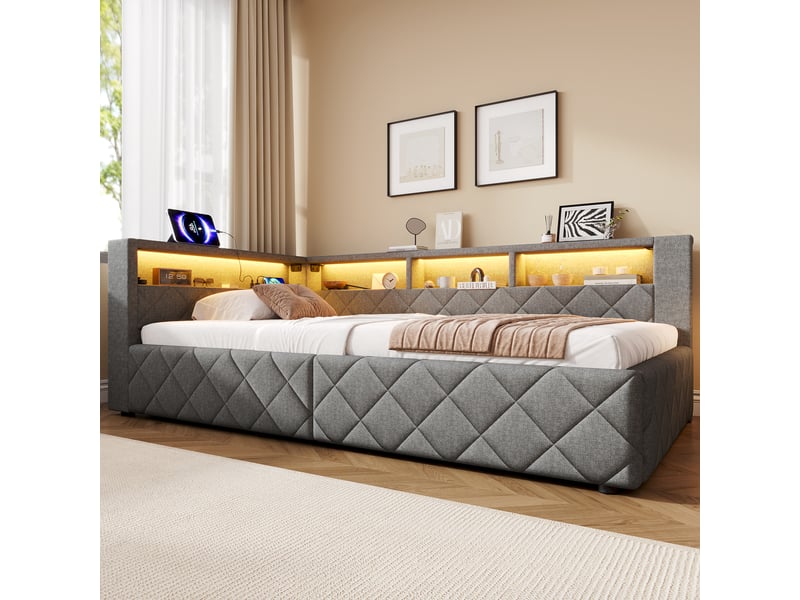 Lit coffre 90x200 cm avec rangement hydraulique, tête de lit avec étagère, LED RGB réglable et port USB, lit rembourré en lin - Gris Fay Lum - Conforama E