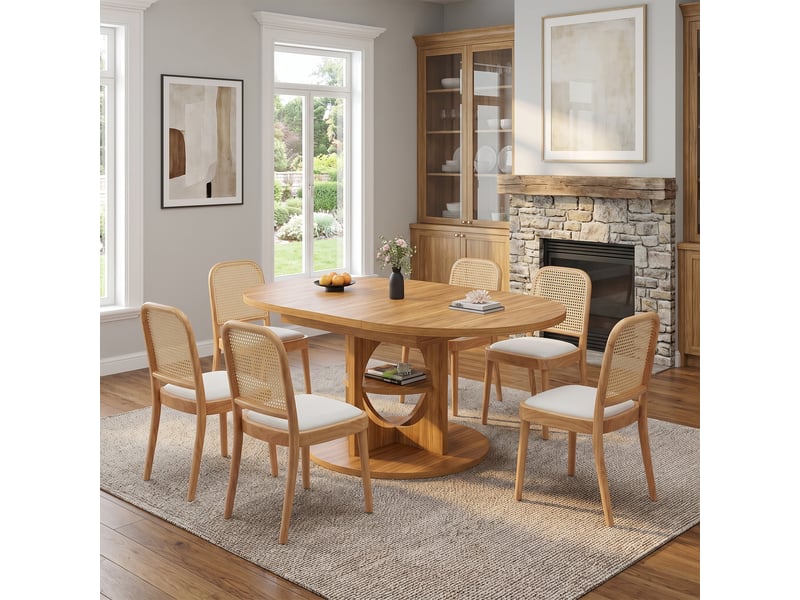 Ensemble table à manger extensible 110–150 cm + 6 chaises en bois massif et rotin – style moderne, pour salle à manger, salon ou café - Conforama D