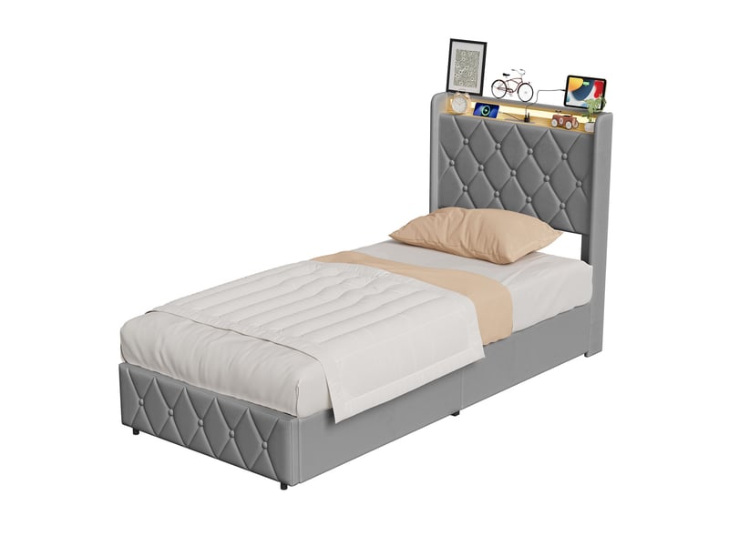  Lit simple 90x200 cm avec led,usb et type-c, lit enfant adolescent moderne, tête de lit rembourrée, velours gris  - Conforama A