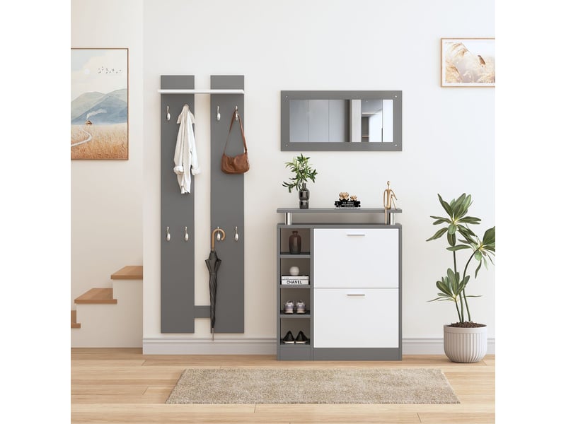 Meuble à chaussures 80x30x100, armoire à chaussures avec étagères réglables, capacité 12 paires, miroir intégré, panneaux muraux avec crochets - Conforama B