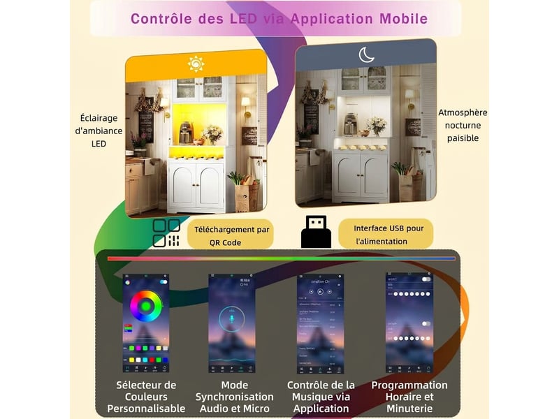  Vaisselier buffet haut 180cm blanc meuble de rangement avec led rgb et portes vitrées  - Conforama E