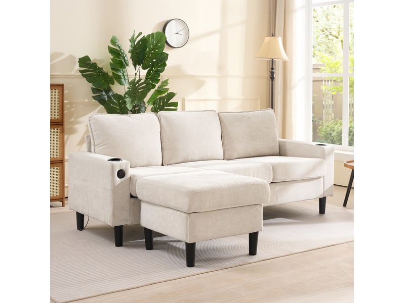 Canapé d'angle convertible 4 places en tissu beige avec usb, type-c, pouf modulable et 2 porte-gobelets - Conforama E