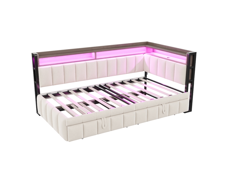  Lit banquette 90x200 cm avec lit gigogne, led, usb et usb-c en velours beige, sans matelas  - Conforama R