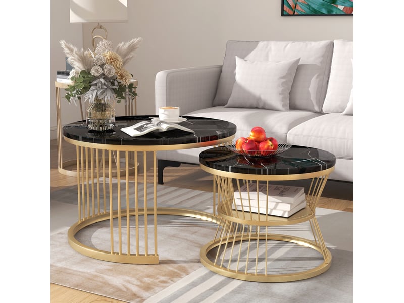  Ensemble de deux tables basses – table basse de salon – table basse – texture marbre noir – piètement doré – design luxueux et discret  - Conforama E