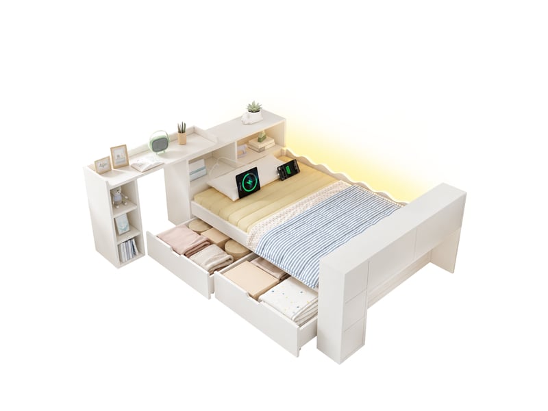  Lit enfant 90 x 200 cm avec 2 tiroirs, bureau coulissant, led, station de charge et tête de lit réversible, en bois blanc  - Conforama A