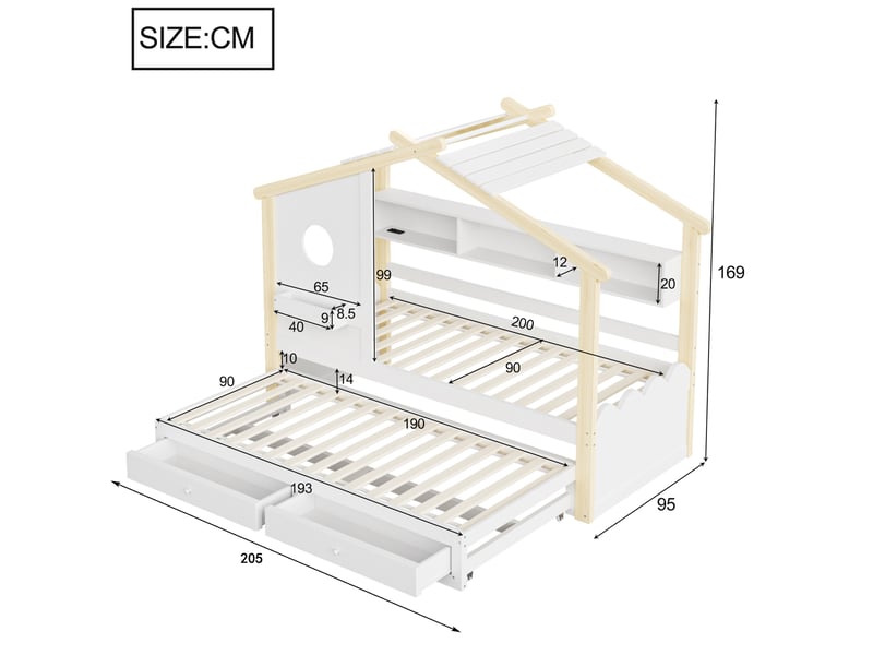  Lit enfant maison 90x200cm lit gigogne 90x190cm, 2 tiroirs, led, charge, style moderne, bois, blanc+naturel sans matelas  - Conforama C
