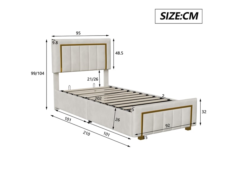  Dreammespace lit coffre 90x200 cm - lit simple avec rangement hydraulique et sommier relevable, velours lignes dorées blanc crème DreamMespace - Conforama E