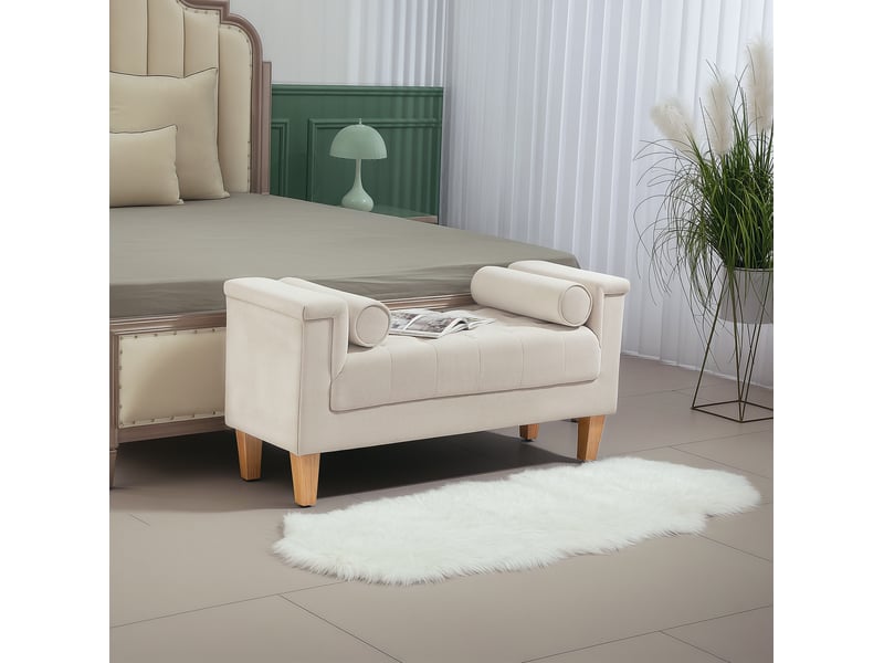  Banquette capitonnée vintage beige en tissu, accoudoirs et 2 coussins cylindriques, 115 cm pour votre intérieur  - Conforama B