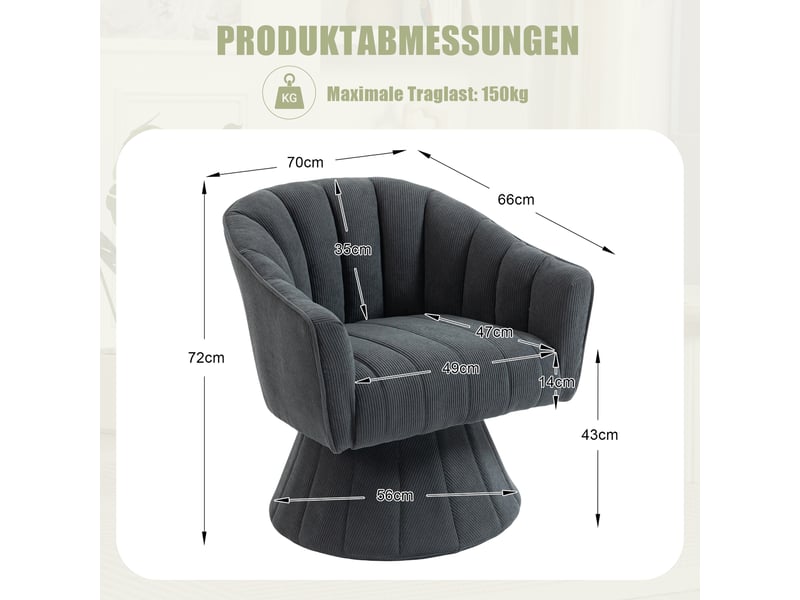  Fauteuil pivotant ergonomique - 360° - rembourrage épais - dossier enveloppant - velours côtelé Gris foncé - Conforama C